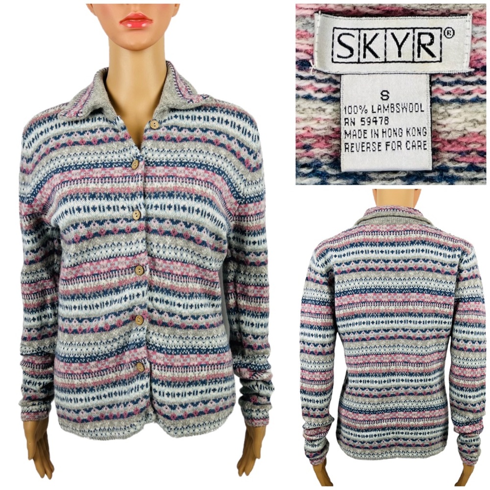 Skyr Women 8 Cardigan Sweater Gray Pink 100% LambsWool Fair Isle Long Sleeve EUC